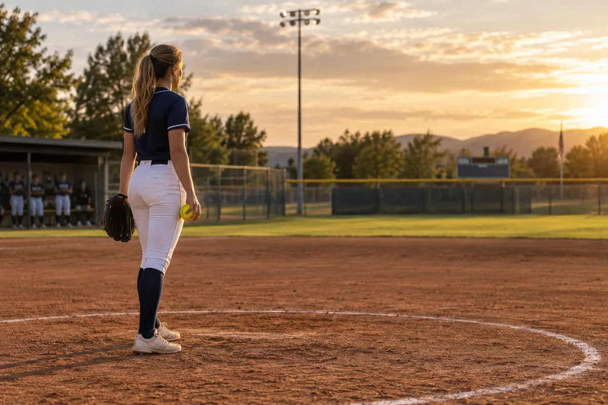 Softball pitcher getting ready to play on a sunlit diamond